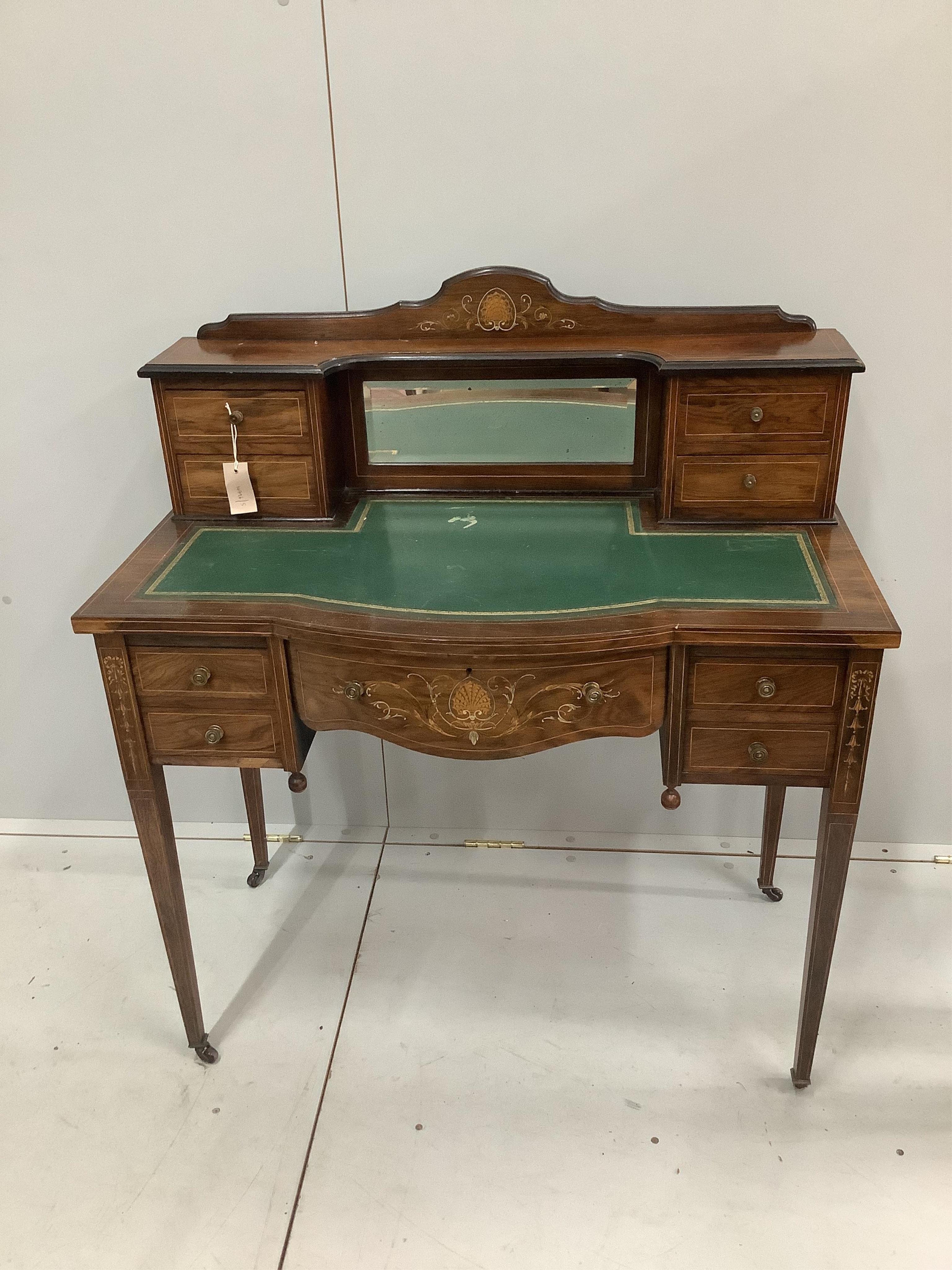 An Edwardian marquetry inlaid rosewood bow front kneehole desk, width 91cm, depth 47cm, height 101cm. Condition - fair
